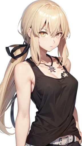 1girl, medium breasts, long messy hair,
Yellow eyes, blonde hair, black tanktop, salter