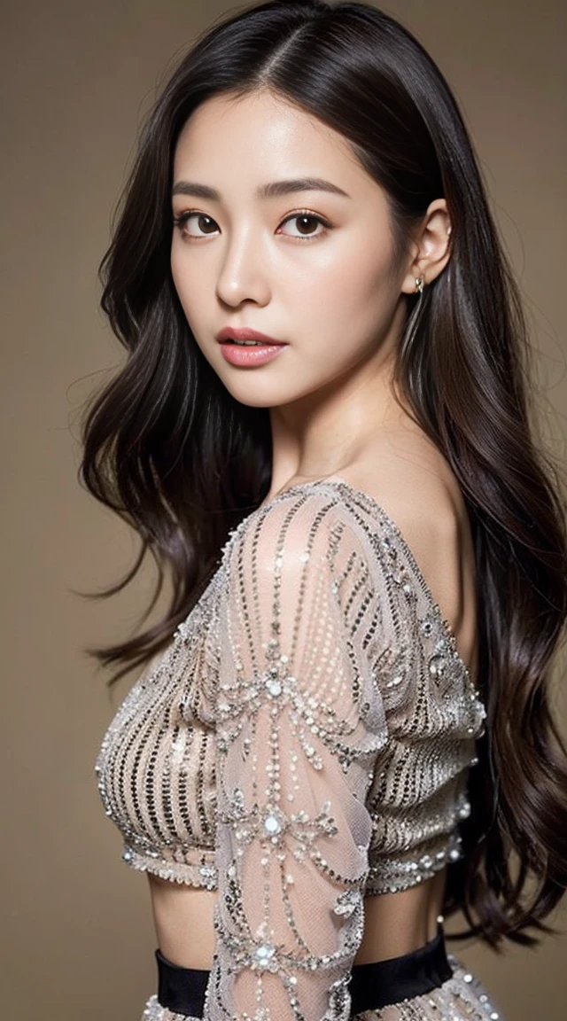 dark brown hair、Light brown eyes、The face of the Japan actress、 Lady、Face about 40 years old.、(intricate-detail:1.2)、(top-quality:1.4)、 (超A high resolution:1.2)、超A high resolution、(A detailed eye)、(detailed facial features)、nffsw、8K resolution、moderately sized udder、Christmas Costumes、Ass facing me、i am wearing a long skirt.、length hair、C Cup、
