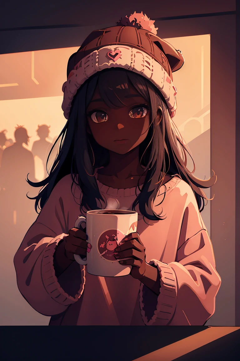 Dark skin pretty young woman in an oversized fuzzy fitted shirt, shy, holding a pink coffee “catty” labeled mug, insanely detailed, 4K, 2D illustration, red hat, clearly detailed eyes,  luminous brown eyes, muted pastels and vibrant brown and white, ray tracing