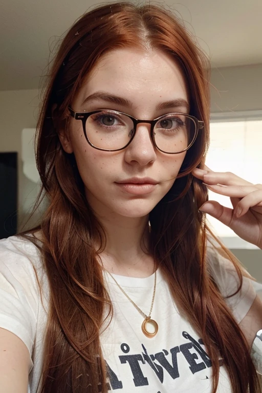realistic portrait photo of beautiful girl with red hair, hair roots slightly faded, with geek glasses, light freckles, no makeup, influencer, instagram