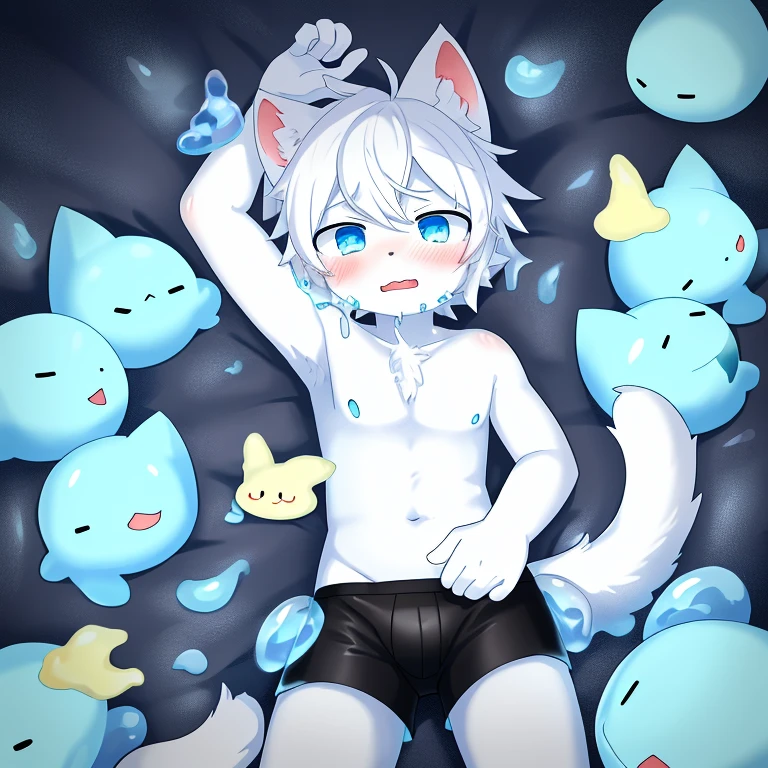 A male white cat among blue slimes,Wearing black boxers,A panicked expression,Covered with mucus,slimes,white cat