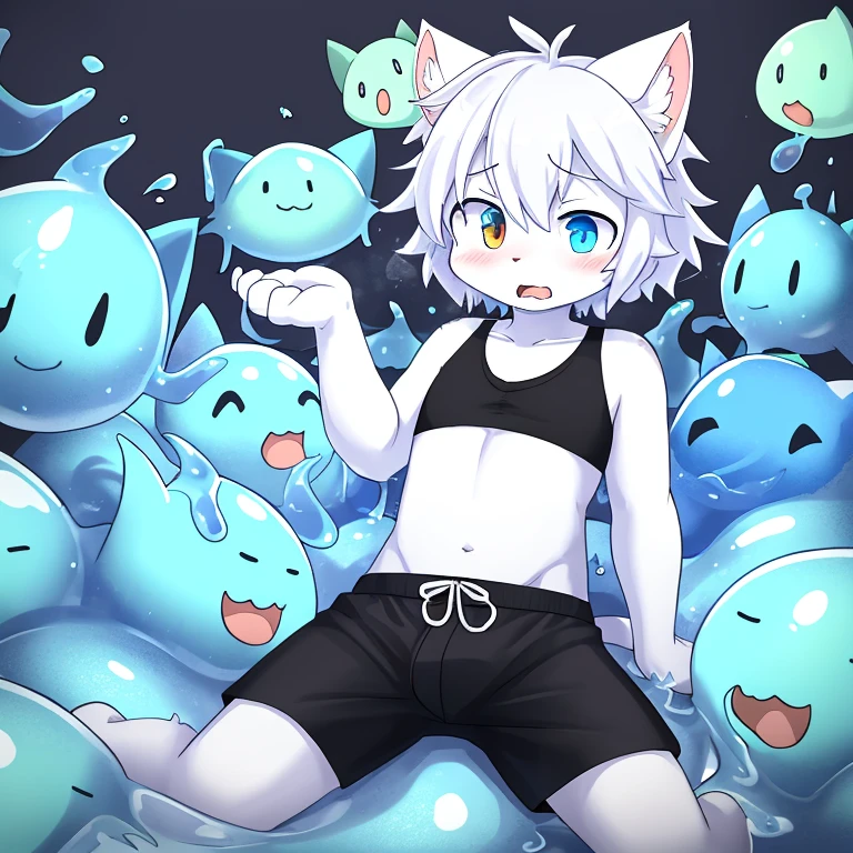 (boldline:-1.6), (dynamic pose:1.8), (arched back:1.3), (paw pose:1.2), (bubbles:1.3), (spread legs:1.3), (standing:1.5), (((fang))), (((best finger))), BREAK (best quality:1.5), (absolutely resolution:1.5), (ultra detailed:1.5), (masterpiece:1.5), (perfect face:1.5), (detailed face:1.3), (detailed eyes:1.5), (best eyes:1.5), (cute face), (shota:1.7), BREAK (white tank top:1.3), BREAK (white loincloth:1.5), (((see throgh wet clothes))), (bulge:1.6), (skinny:1.3), (spiked hair), BREAK (light blue hair:1.5), (wine red eyes:1.4), ((eyes with highlight)), ((mole under eye)), (sweaty skin), (chuckling:1.5), (open mouth), (blush:1.2), ((earrings)), (shiny skin:1.3), BREAK (nature), (river), (forest), (sunlight), ((wind blowing)), ((nipple)), abs, groin, water splashing, from below,