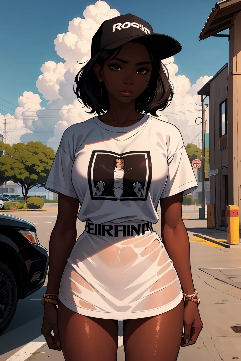 Dark skin ebony young woman in an oversized fitted shirt, clear defined brown eyes, perfect wild cloud of black hair, sweet, deceptively shy, frown,