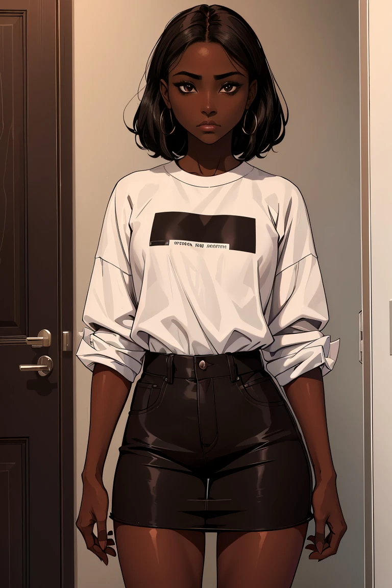 Dark skin ebony young woman in an oversized fitted shirt, clear defined brown eyes, perfect wild cloud of black hair, sweet, deceptively shy, frown,