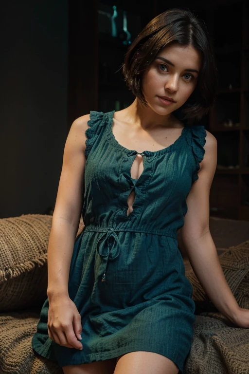 face like emma stone, black hair, haircut, medium breast, dress, necklace, bracelet, los angeles