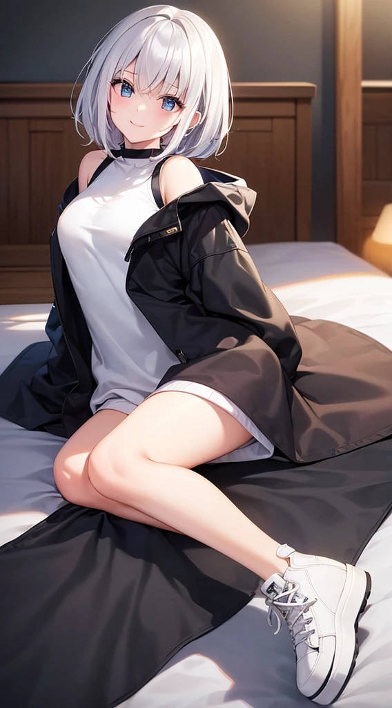 Ultra-high image quality,Look at viewers, hands behind back, girl with, 20 years old, Very short hair, long bangs between eyes, pale blue eyes, Hoodie, Skirt , Extremely detailed,(masterpiece、top-quality)、report、White hair、A smile、White skin as clear as snow、Fantastical, Silver hair, Black eyes, Beautiful eyes,, Ecstasy, charmed, be smitten with audience, Hoodie, White hoodie,a black skirt,Hair is short,look down from above,(masutepiece, Best Quality:1.1),report, 1girll, Curve,White jacket, Casual style,Open jacket, Fluttering hair、a small face、hason、Bright smile、(parka、white sneaker fingers、Human hand)、(Detailed face) 、(top-quality: 1.4、tmasterpiece、 hyper HD、 Top resolution,、Very detailed、 profetional lighting、 Gray Light Lighting,fantastic landscape, Sunlight,Shoulder out,inside in room,on the beds