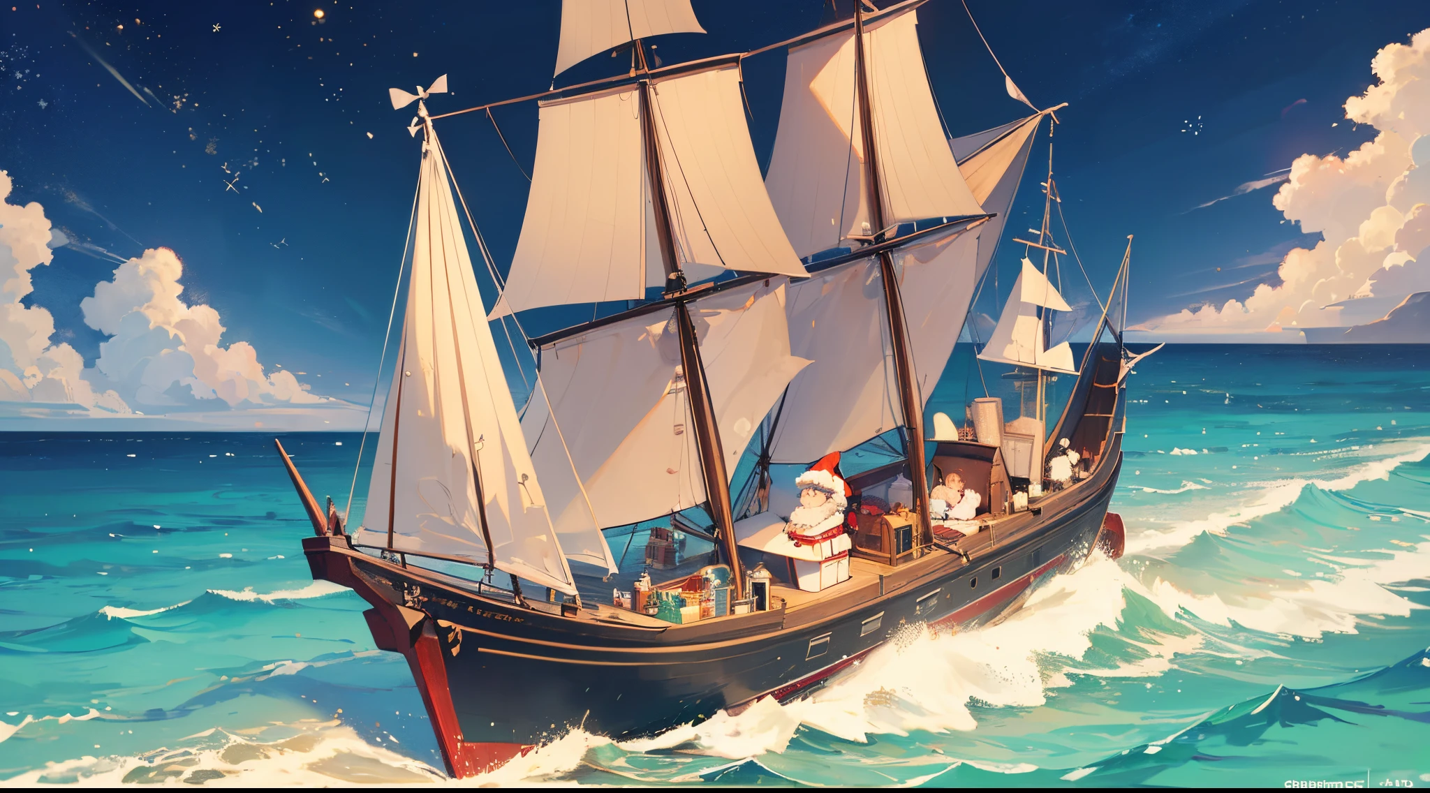 I saw (((three small ships))) a sailing (in the deep ocean) ((on Christmas Day)) on ((Christmas Day)); I saw three ships a sailing on Christmas Day in the morning.