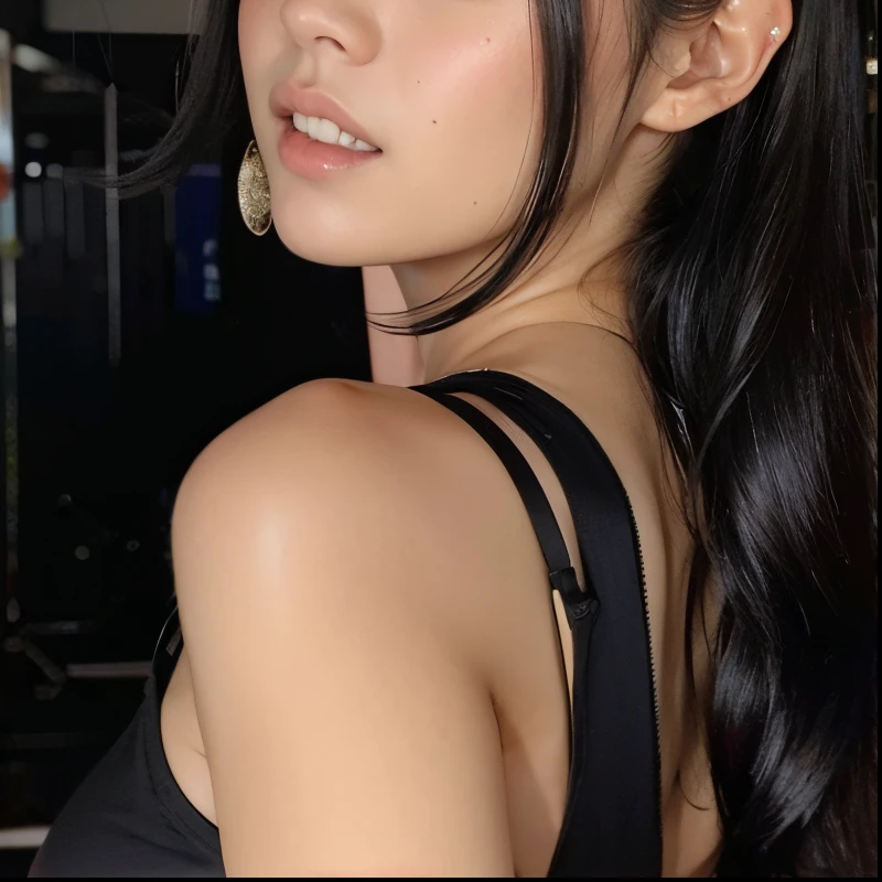 Asian woman araffed with long black hair and a black top, Ela tem cabelo preto com franja, rosto e corpo atraentes, olhar profundo para o lado, Mulher sul-coreana bonita, linda mulher coreana jovem, 2 Modelo feminina de 4 anos, coreana, attractive neck, peito lateral, ela tem cerca de 20 anos, ela tem cerca de 2 0 anos