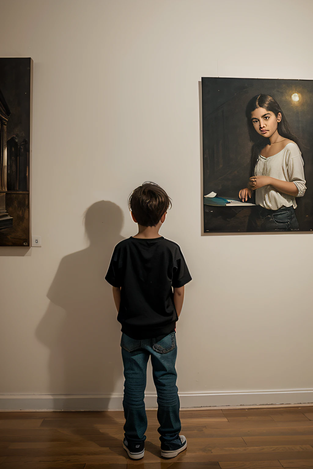 boy standing alone in front of a painting on the wall