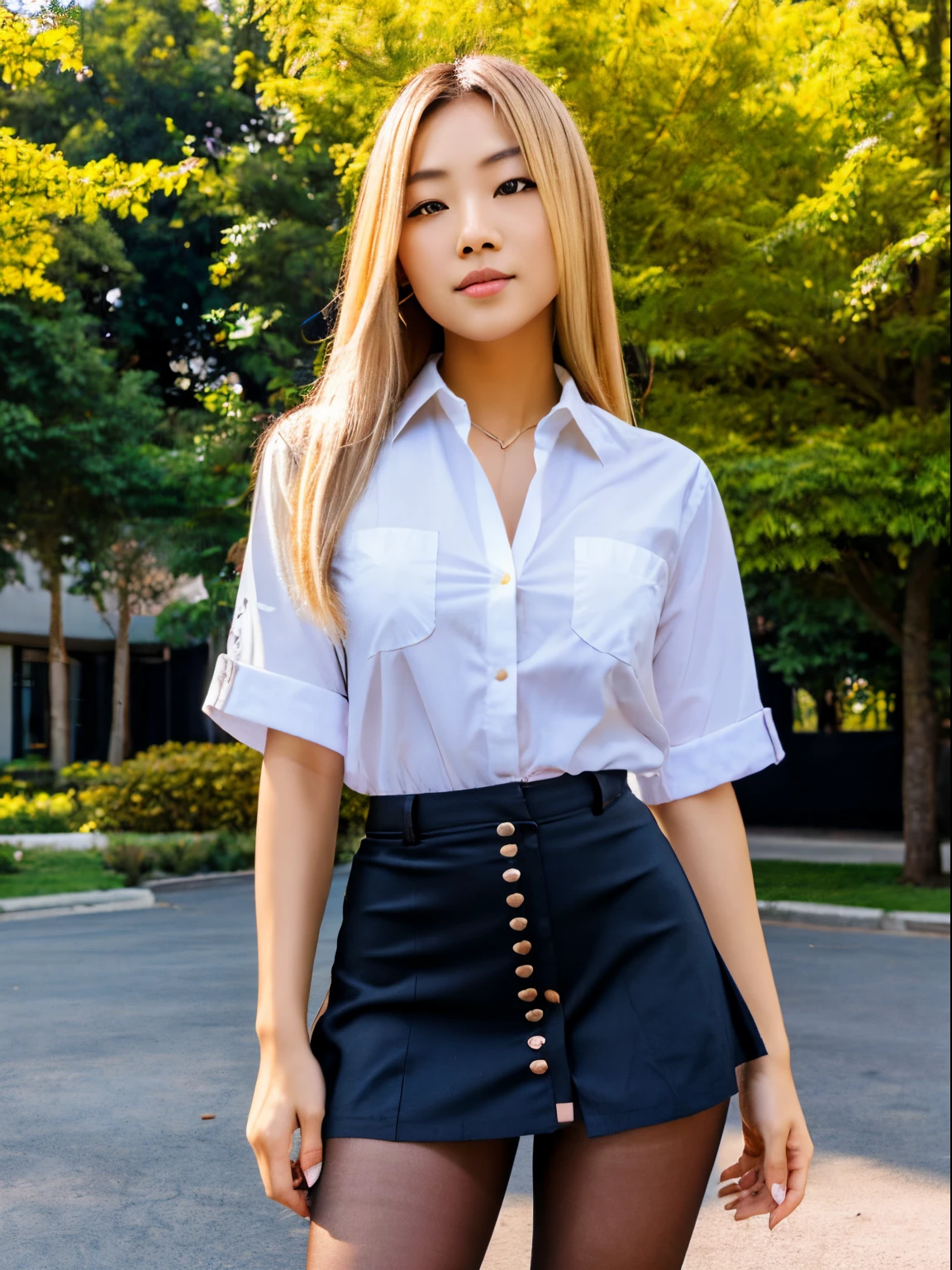 Gorgeous Asian female, long blonde hair, tight button down shirt, very short skirt, pantyhose, high heels, outside, sunny day, sunlight shining on legs