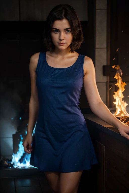 cute girl with short, dark hair, wearing a short, simple, sleeveless dark brown crudely woven sack dress, looking at the camera, bathed in burning blue flames human torch