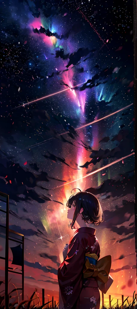 1girl, a distant girl kiss girl in a kimono gazing at the stars, (zoomed: 1.1), (meteor shower: 1.2), (comet: 1.1), your name, low angle, from behind, Northern Lights, meteors, yukata, red kimono, cherry blossoms, standing in the field, best quality, masterpiece, clouds, colorful, starry, stars,