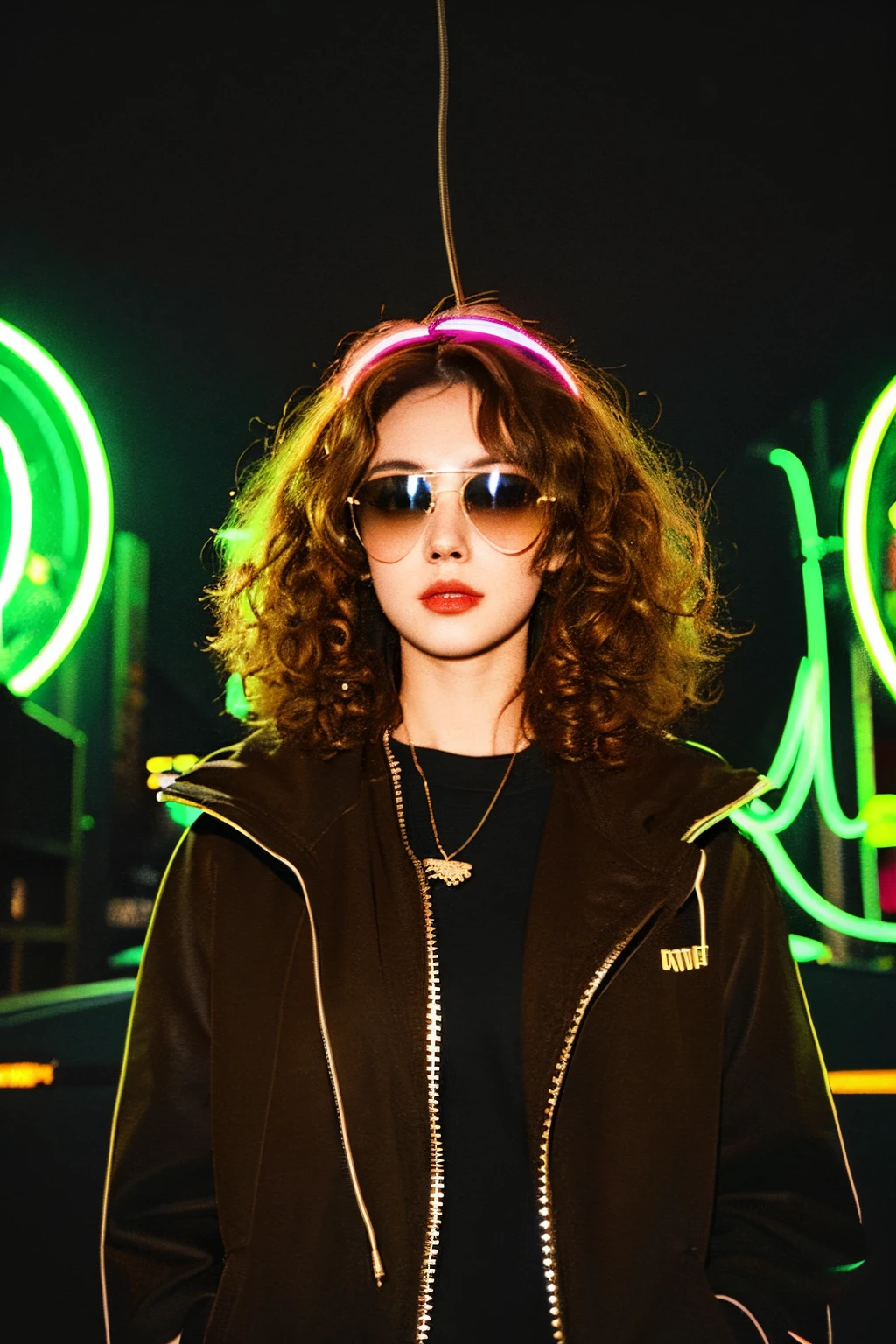 Brown hair . Beutiful women，Curly hair and sunglasses，Wearing full size headphones - headphones or surround dark room neon cyberpunk at night coordinator neon glow