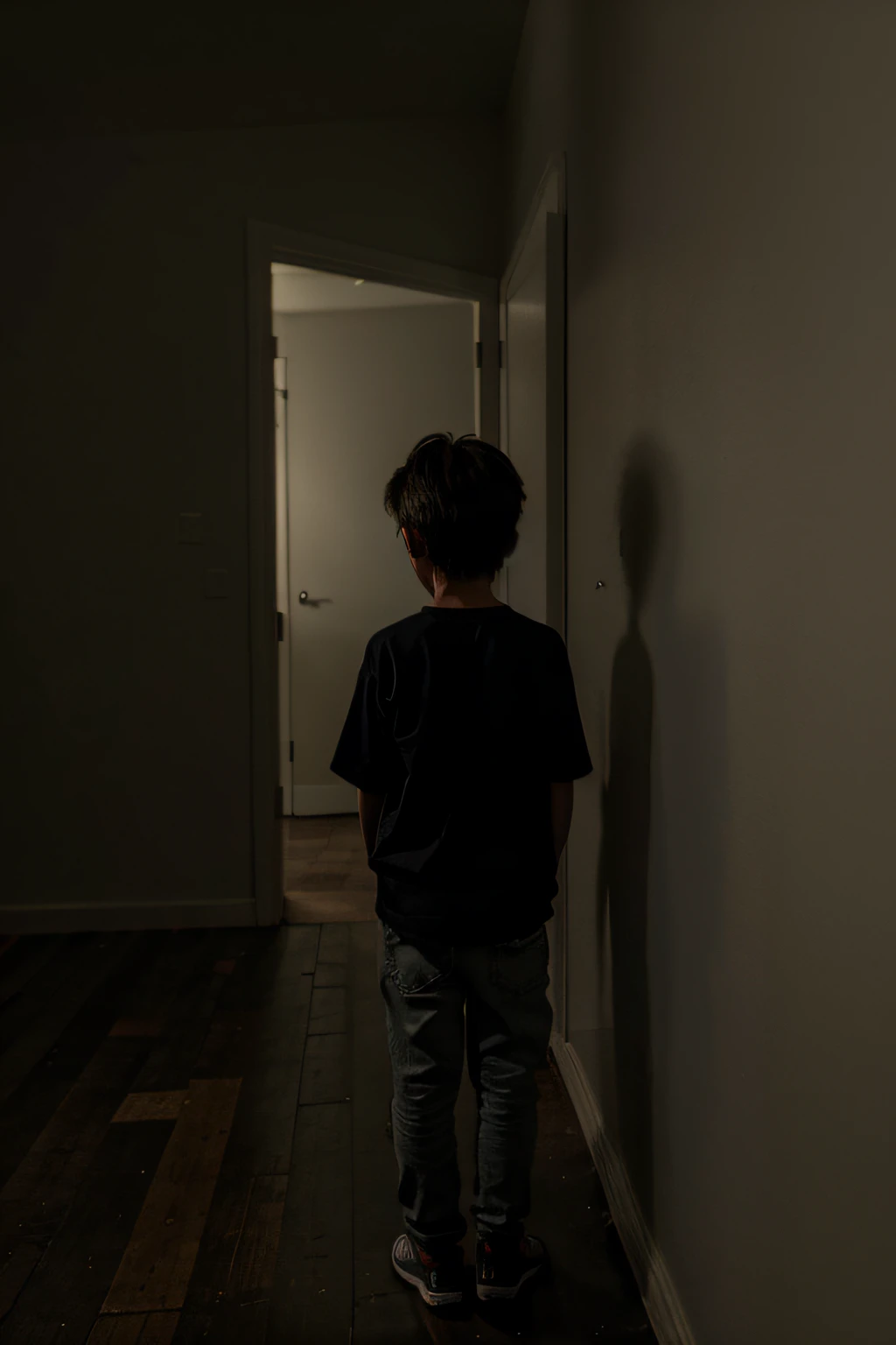 boy standing alone, he has his back to us., mirando un cuadro embrujado en la pared, horripilante, dim room,