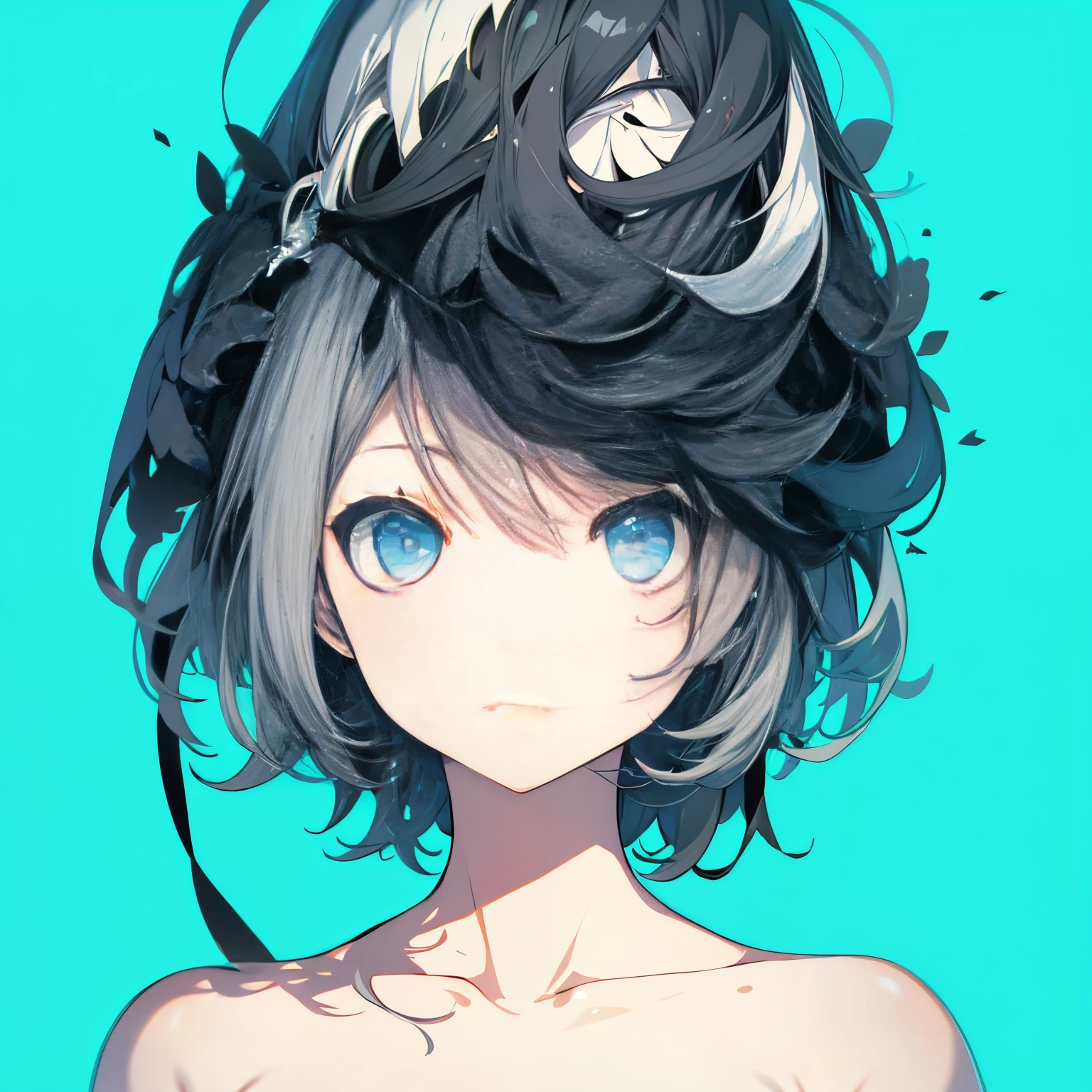 (masutepiece:1.2, Best Quality),  [girl, Manteau, expressioness, Turquoise eyes, front facing, jet-black hair, Jacket comes off, Upper body] (Gray white background:1.7),