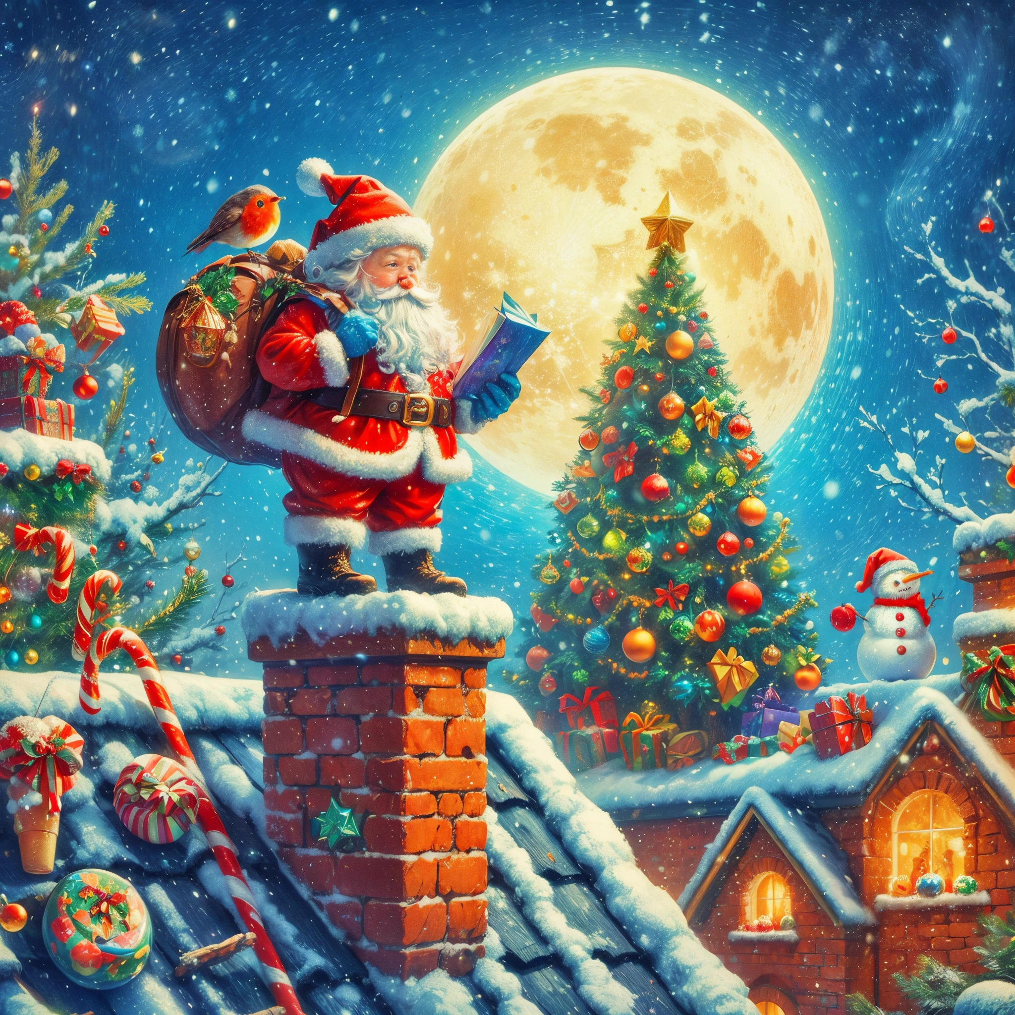 Best quality, 8K, A high resolution, tmasterpiece:1.2), ultra - detailed, (actual, realistically:1.37), vivd colour, Magical atmosphere, Whimsical, Sparkling,Fantasy Christmas World,(Christmas in the style of Van Gogh), themoon,(Snowy night in Christmas town),(((Cute Santa Claus holding list and bag of gifts, Standing on the roof,trying to climb into the chimney))),((Robin standing on head)),((Christmas tree,Sweets and snacks,sucrose,Christmas gifts, Christmas snowman)), and decorations, Lovely design style, natta,sky sky,moon full,Shown in this beautiful scene, Surreal, Psychedelic, Complicated details, Beautiful texture, Ethereal, like a dream, Soft glowing light, Charming Patterns, Fantasy creatures, Hidden surprises, dreamlike landscapes, Surreal color palette, Mystic aura, hyper realisitc, Enchanting journey, psychedelic trip, vivid imagination, immersive experience, mysterious creature, otherworldly charm, glowing paths, Light up a dreamy and beautiful Christmas, surreal sky, Whimsical Christmas elements, a magical encounter,Fascinating artwork
