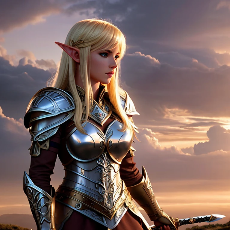 blond woman in armor with sword in front of a cloudy sky, epic elven warrior, elven warrior princess, a sexy blonde warrior, female elf, alluring elf princess knight, elf warrior, high quality fantasy stock photo, in style of wold of warcraft, of an elden ring elf, beautiful and elegant female elf, very beautiful elven top model