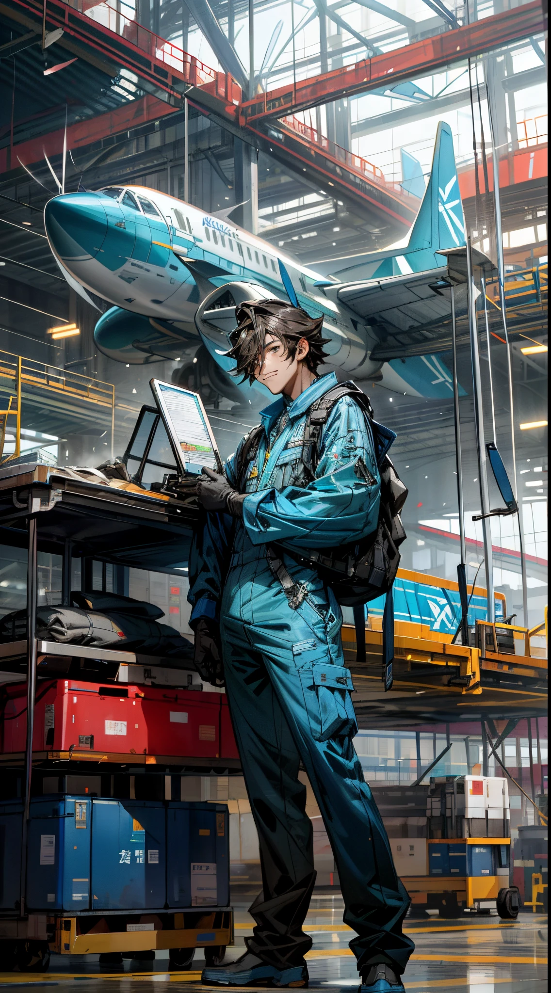 Aircraft maintenance personnel,Airport hangar,Xiamen Airlines,aircraft repair shop,Carefully maintain aircraft,A group of male employees wearing blue jumpsuits,scientific fiction,城市,actual