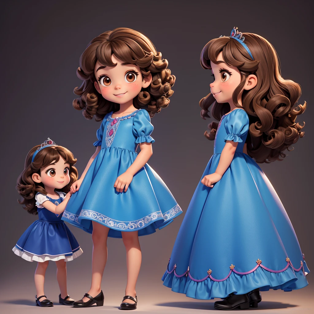 full body image profile poses. of two small children, a four-year-old girl, curly brown hair, brown eyes, charming smile, wearing a dark blue dress, fairytale princess style.