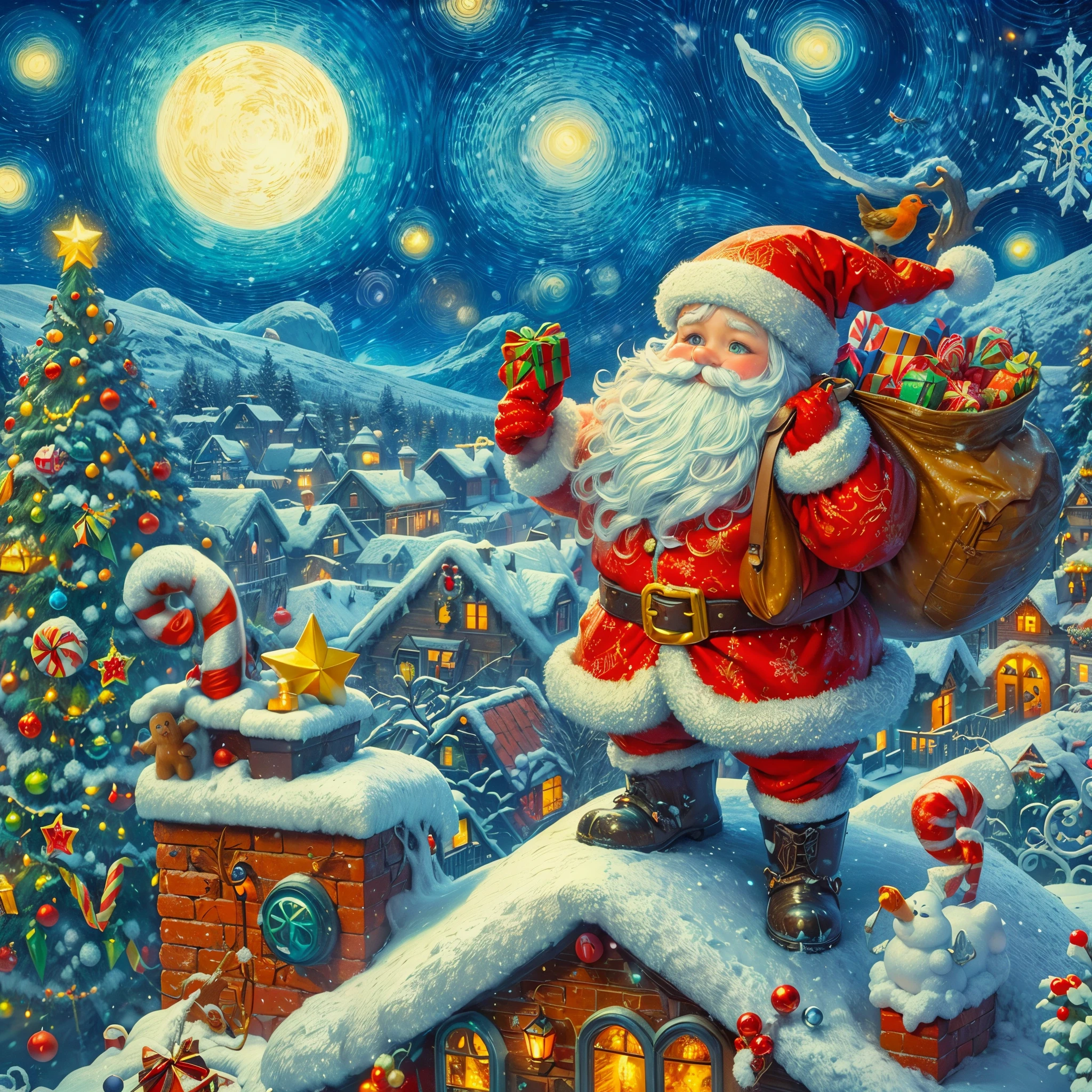 Best quality, 8K, A high resolution, tmasterpiece:1.2), ultra - detailed, (actual, realistically:1.37), vivd colour, Magical atmosphere, Whimsical, Sparkling,Fantasy Christmas World,(Christmas in the style of Van Gogh), themoon,(Snowy night in Christmas town),(((Cute Santa Claus holding list and bag of gifts, Standing on the roof,trying to climb into the chimney))),((Robin standing on head)),((Christmas tree,Sweets and snacks,sucrose,Christmas gifts, Christmas snowman)), and decorations, Lovely design style, natta,sky sky,moon full,Shown in this beautiful scene, Surreal, Psychedelic, Complicated details, Beautiful texture, Ethereal, like a dream, Soft glowing light, Charming Patterns, Fantasy creatures, Hidden surprises, dreamlike landscapes, Surreal color palette, Mystic aura, hyper realisitc, Enchanting journey, psychedelic trip, vivid imagination, immersive experience, mysterious creature, otherworldly charm, glowing paths, Light up a dreamy and beautiful Christmas, surreal sky, Whimsical Christmas elements, a magical encounter,Fascinating artwork