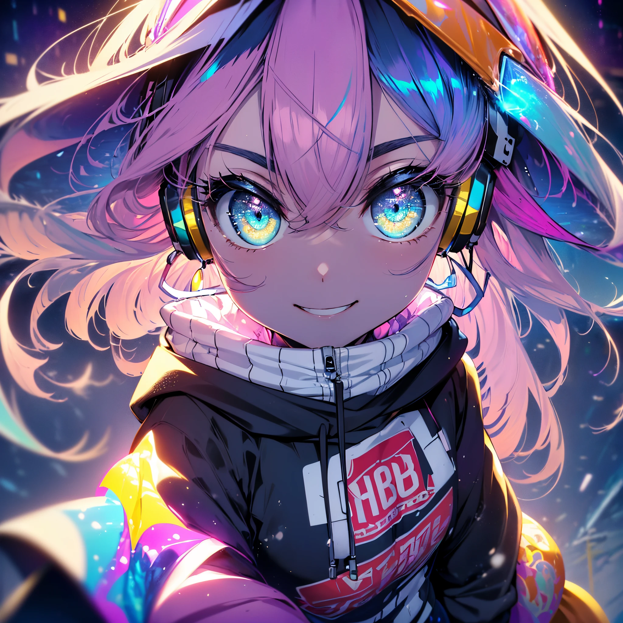 (best quality, 8k, highres, masterpiece:1.2, ultra-detailed, realistic:1.37, girl, playing an instrument, surreal, oversized hoodie, headphones, street style, hands in pockets,
one girls(Pink hair、Amber eyes、Amber eyes、a short bob、Enlarged depiction of the upper body、masutepiece、超A high resolution、No background, Thin、Smile and signal、Smile with your mouth wide open、Cute smile、Detailed limb depiction、)
、Sweatshirts in pastel colors、
bright neon background、
beautiful night scene、
cosmic background、snowscape、Genki Musume。、Fluffy globe Luffy muffler、