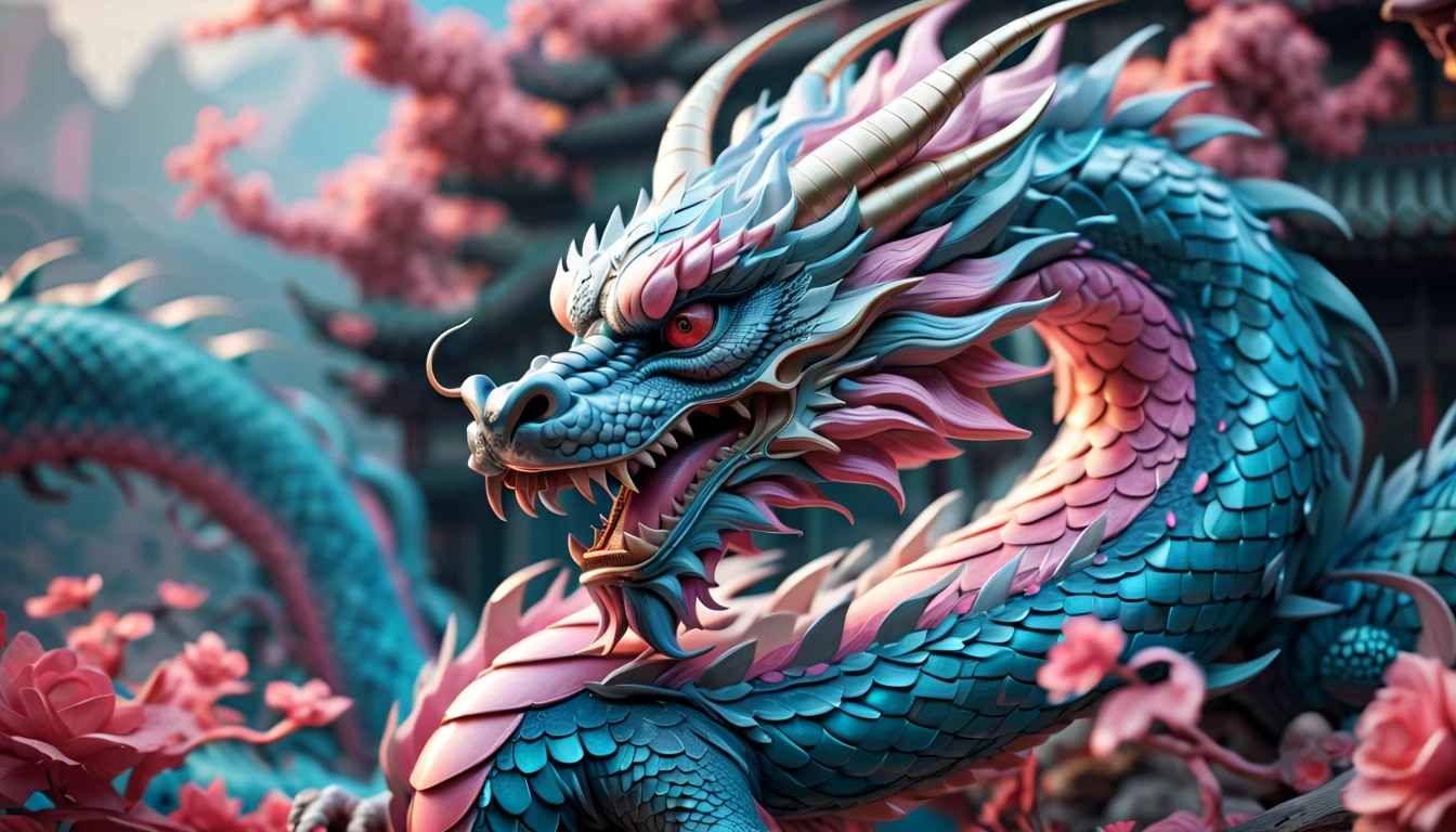 Druged 3d chinese dragon, huge, capsuled dragon 3 d art, stunning artwork, extremely high quality artwork, beautiful artwork, colorful hyperrealism, beeple colors, blue, pink, grey, wide shot, (best quality,4k,8k,highres,masterpiece:1.2),ultra-detailed,(realistic,photorealistic,photo-realistic:1.37),HDR,UHD,studio lighting,ultra-fine painting,sharp focus,physically-based rendering,extreme detail description,professional,vivid colors,bokeh. Attention：Original art by Tupu.