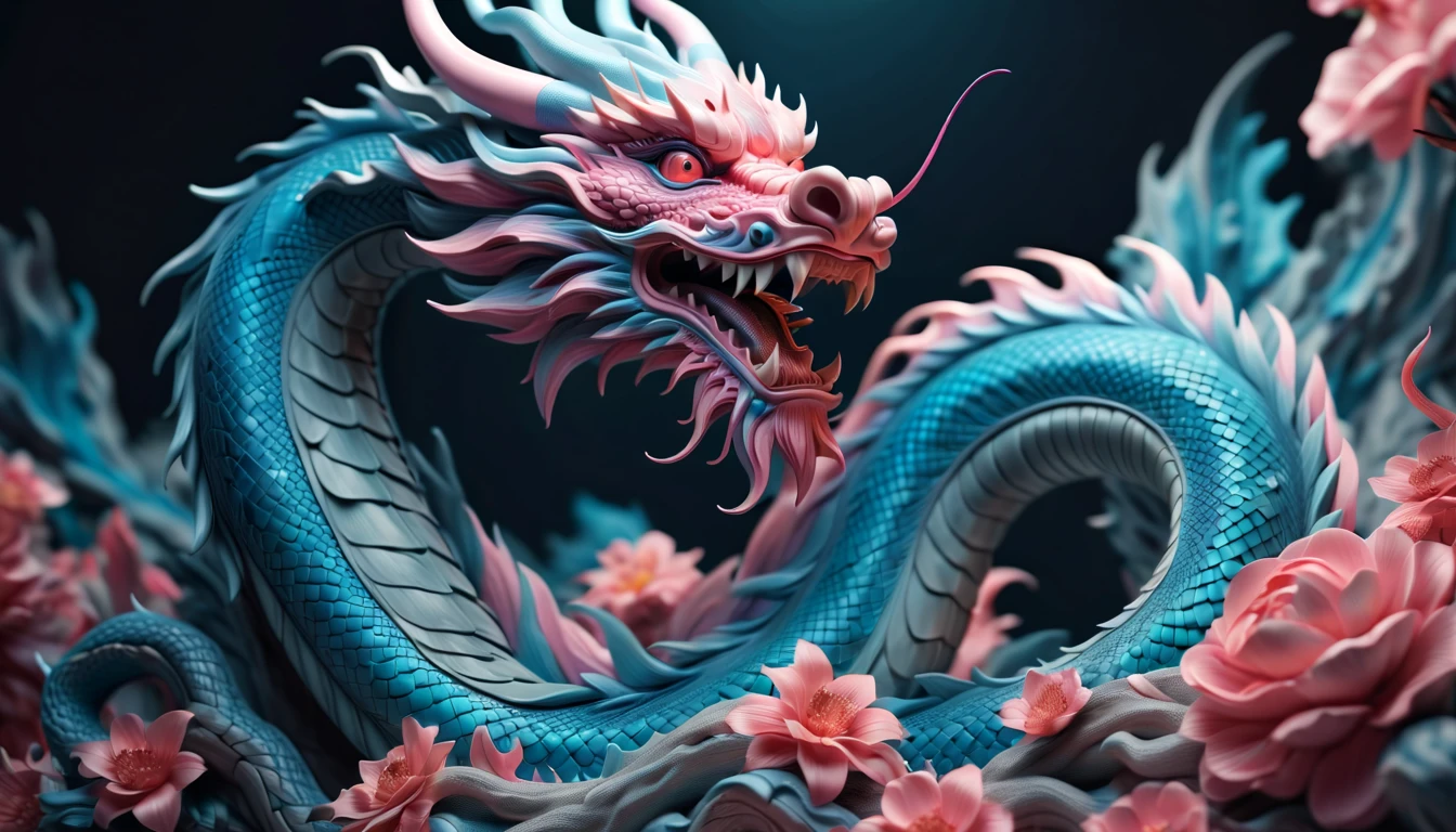 Druged 3d chinese dragon, huge, capsuled dragon 3 d art, stunning artwork, extremely high quality artwork, beautiful artwork, colorful hyperrealism, beeple colors, blue, pink, grey, wide shot, (best quality,4k,8k,highres,masterpiece:1.2),ultra-detailed,(realistic,photorealistic,photo-realistic:1.37),HDR,UHD,studio lighting,ultra-fine painting,sharp focus,physically-based rendering,extreme detail description,professional,vivid colors,bokeh. Attention：Original art by Tupu.