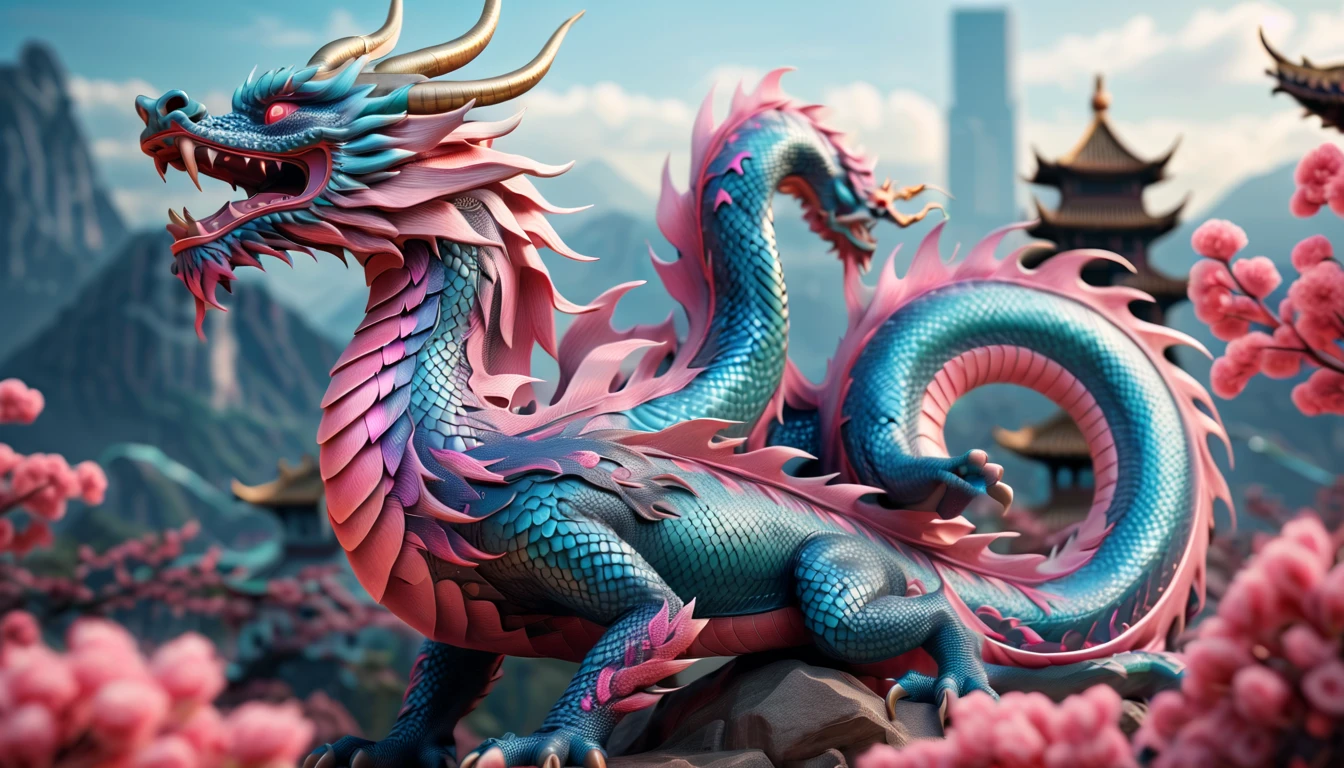 Druged 3d chinese dragon, huge, capsuled dragon 3 d art, stunning artwork, extremely high quality artwork, beautiful artwork, colorful hyperrealism, beeple colors, blue, pink, grey, wide shot, (best quality,4k,8k,highres,masterpiece:1.2),ultra-detailed,(realistic,photorealistic,photo-realistic:1.37),HDR,UHD,studio lighting,ultra-fine painting,sharp focus,physically-based rendering,extreme detail description,professional,vivid colors,bokeh. Attention：Original art by Tupu.