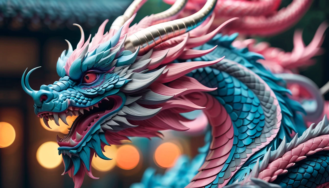 Druged 3d chinese dragon, huge, capsuled dragon 3 d art, stunning artwork, extremely high quality artwork, beautiful artwork, colorful hyperrealism, beeple colors, blue, pink, grey, wide shot, (best quality,4k,8k,highres,masterpiece:1.2),ultra-detailed,(realistic,photorealistic,photo-realistic:1.37),HDR,UHD,studio lighting,ultra-fine painting,sharp focus,physically-based rendering,extreme detail description,professional,vivid colors,bokeh. Attention：Original art by Tupu.
