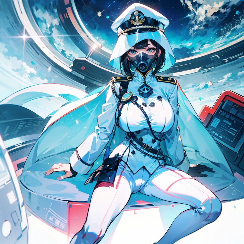 (((masterpiece)))、(((Top image quality)))、(((top-quality)))、(Illustration of one woman)、full bodyesbian、30-years old、(Viceroy)、Black hair bob cut、((Face covering gas mask))、Gray eyes、((Tall))、((huge tit))、((Military uniforms))、((Military Cap))、((Military coat))、(white clothes)、(White pants)、(White cap)、trench coat、((Inside the spaceship、Sitting in the captain's seat))、(Outside the window、kosmos、Earth seen from space、Spaceport)