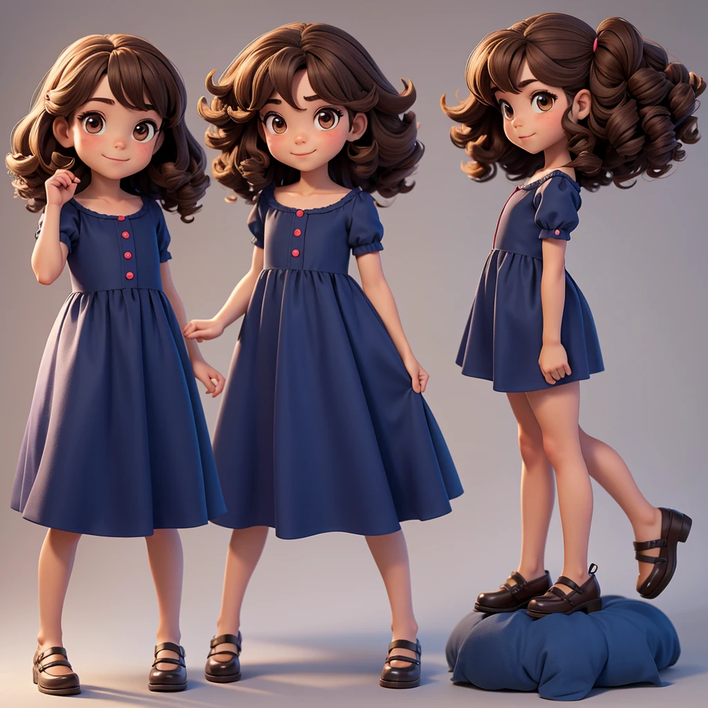full body image profile poses. of two , a four-year-old , currown r, brown eyes, charming smile, wearing a dark blue dress.