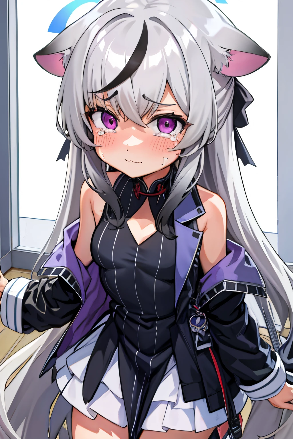 tmasterpiece, best qualtiy, ultra - detailed, 1girll,Gray hair Kokona, inside in room, Purple eye, :3,the face, tears closeup cleavage, at school