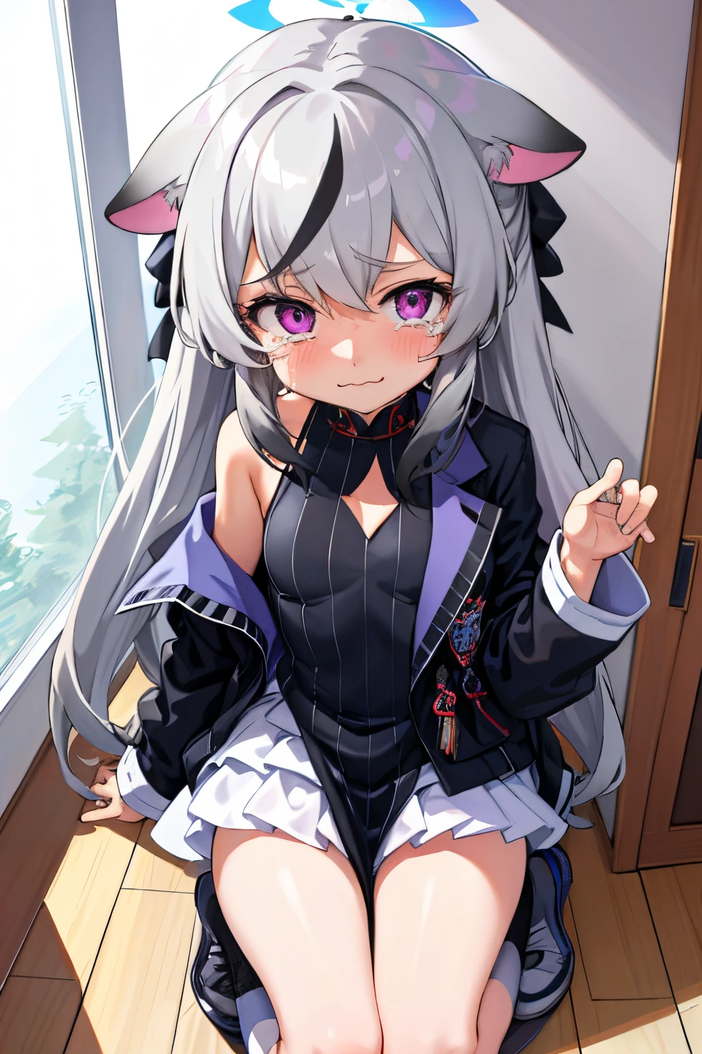 tmasterpiece, best qualtiy, ultra - detailed, 1girll,Gray hair Kokona, inside in room, Purple eye, :3,the face, tears closeup cleavage, at school
