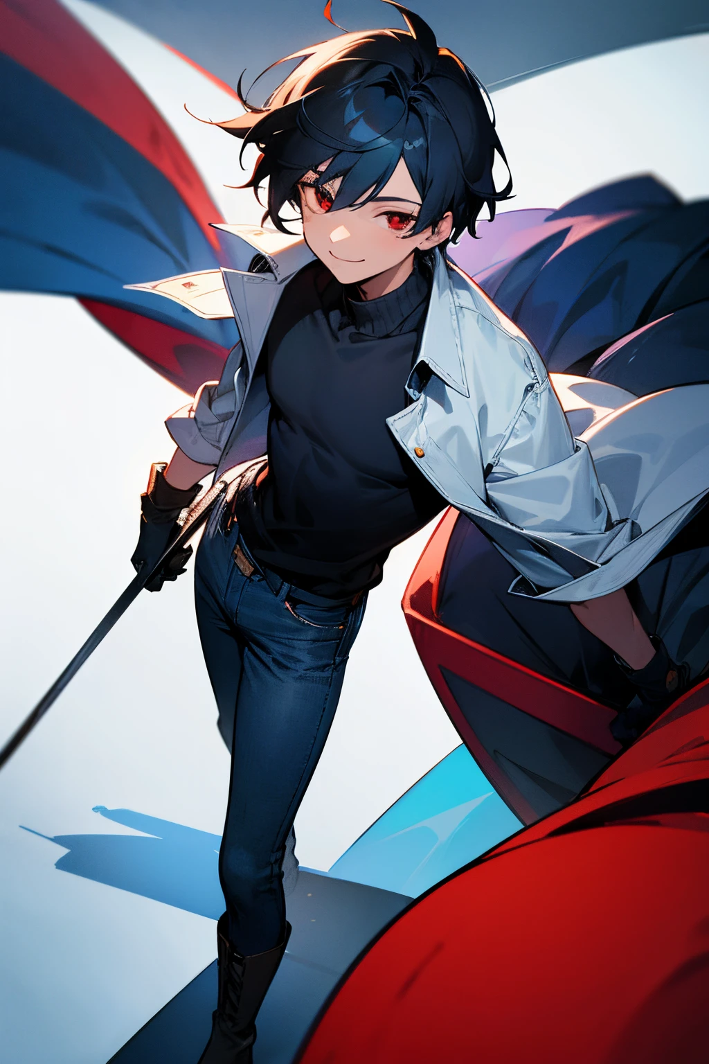 (masterpiece), best quality, boy, , tall, dark blue sweater, unbuttoned white shirt over it, black gloves, light-blue jeans, black boots, dark-red tousled hair, red eyes, wide smile