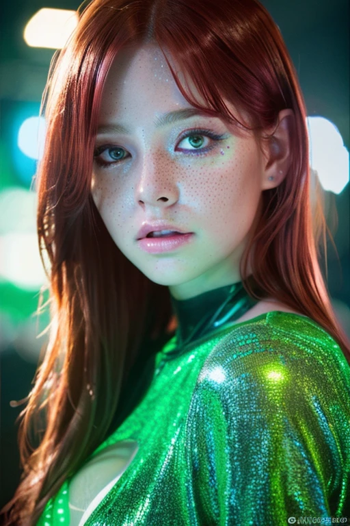 (1girl in),canada at 23 years old,Medium red hair with green highlight color、 a little freckles、Slutty celebrity、（night photo）、Will、Blue Light Up、Amazing face and eyeest Quality)), (Ultra-detailed), (extremely detailed CG unified 8k wallpaper), Highly detailed, High-definition raw color photos, Professional Photography,