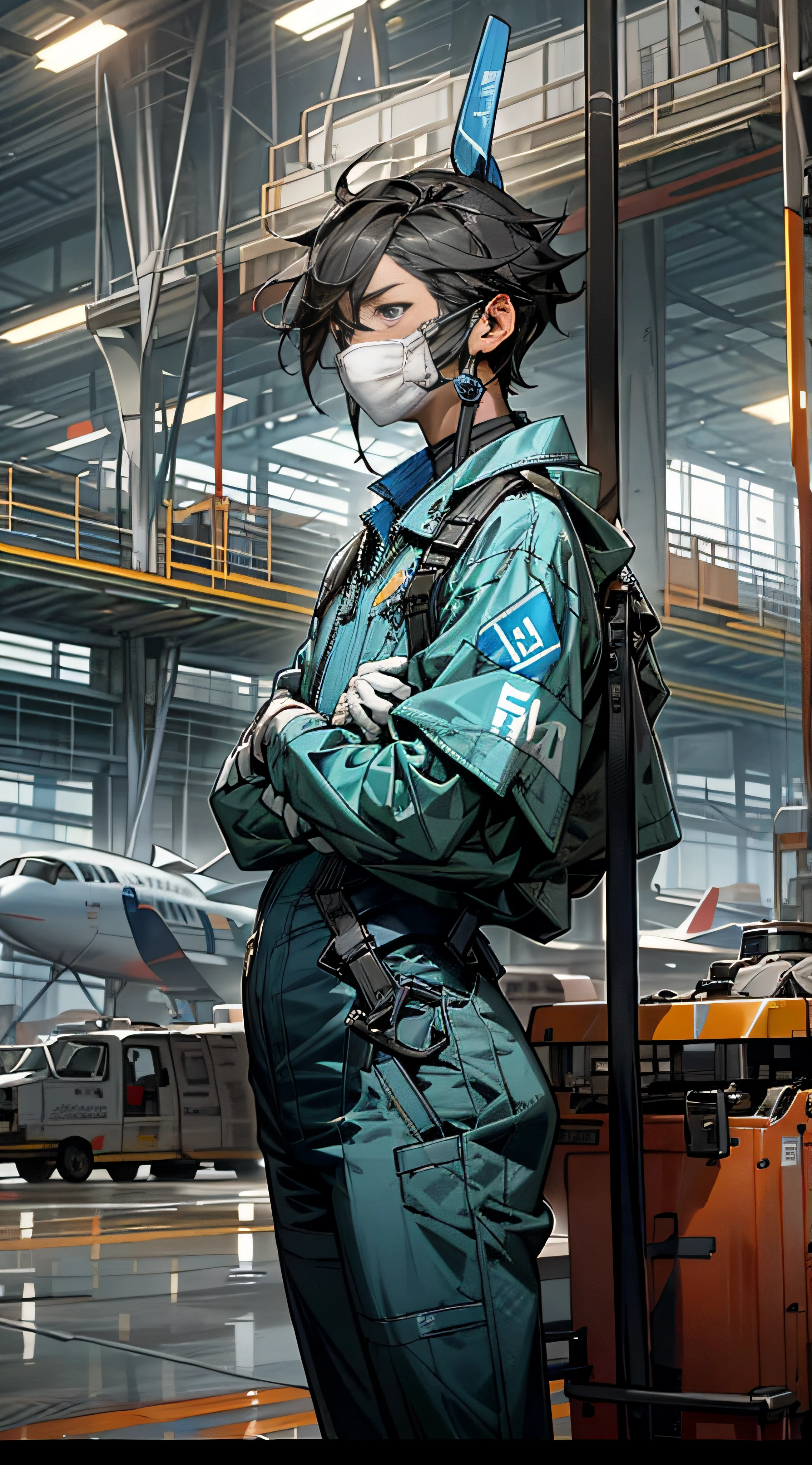 Aircraft maintenance personnel,Airport hangar,Xiamen Airlines,aircraft repair shop,Carefully maintain aircraft,A group of male employees wearing blue jumpsuits,scientific fiction,城市,actual