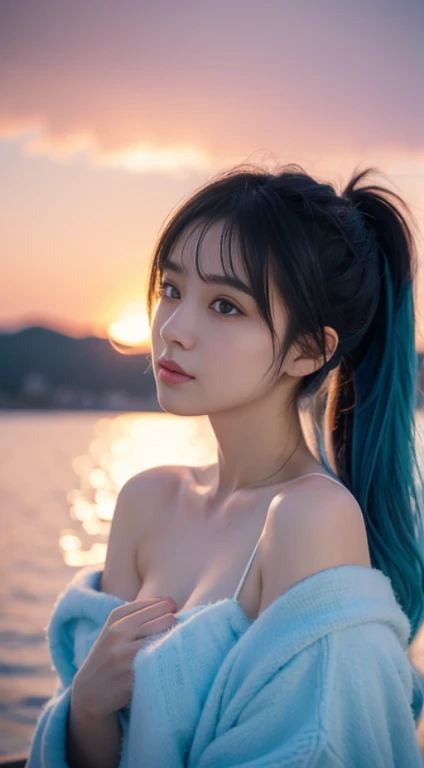 (tmasterpiece), (Best quality at best), (ultra - detailed),(ldisheveled hair),(illustratio), (1个Giant Breast Girl), (Fashion clothing), Permanent, A fashion model, looking at viewert, (Interview), ( Background with),美丽细致的眼睛, exquisite and beautiful face, floating,(high saturated),(colorful splash),Colorful bubbles,(Shiny), Focus on the face, pony tails, Ayaka Kamisato, lightblue hair, By bangs, hair loops, floating flowers, floatinghair, (Shiny), best illuminate, The best shadow,