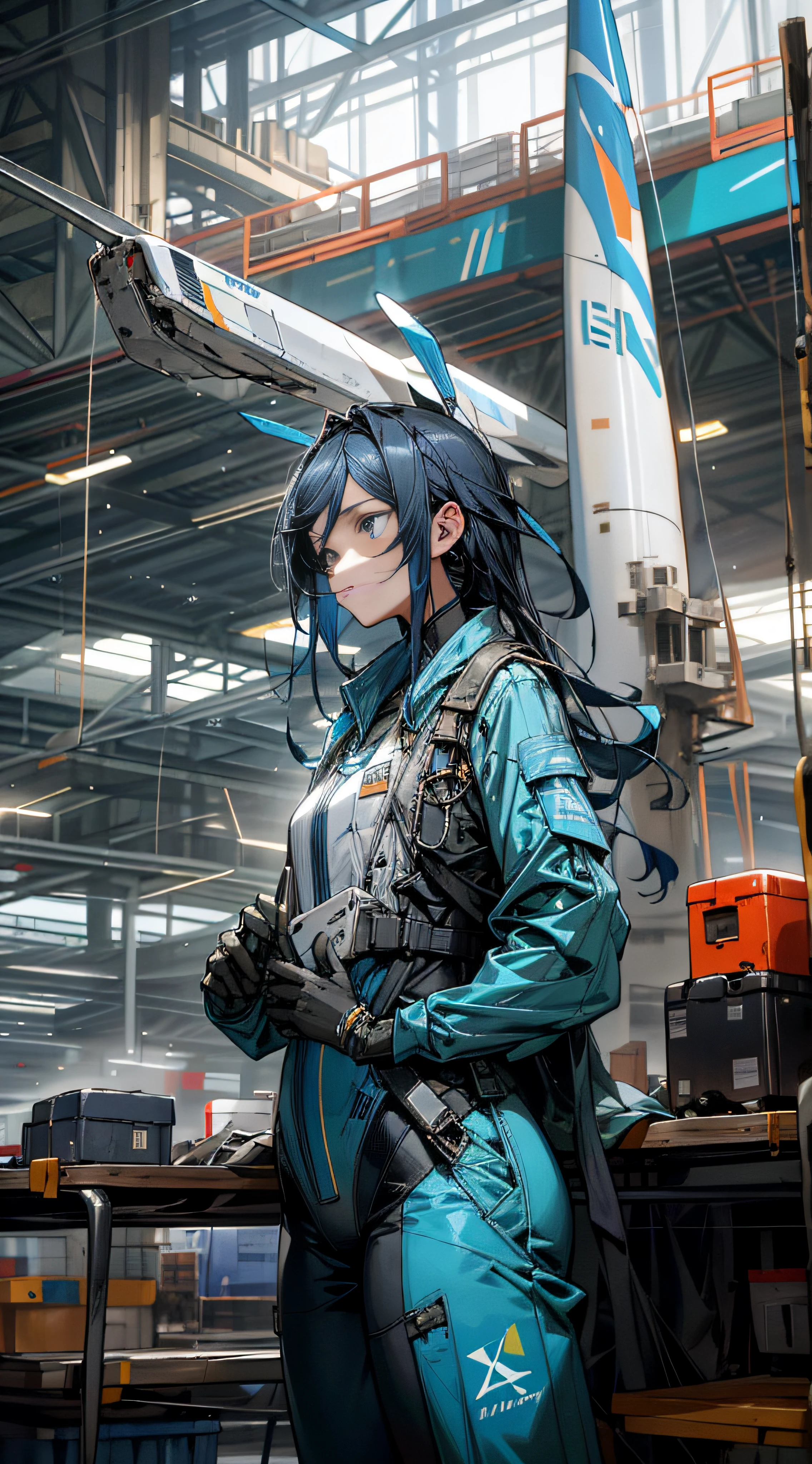 Aircraft maintenance personnel,Airport hangar,Xiamen Airlines,aircraft repair shop,Carefully maintain aircraft,A group of people wearing blue jumpsuits,scientific fiction,城市,actual