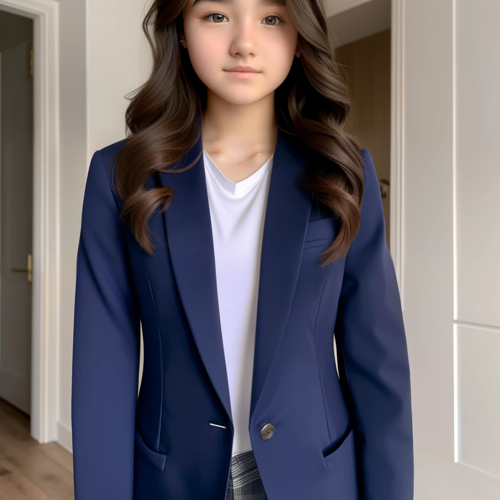 Photo of a 15-year-old female, Perfect face shape, main part, dressed in, underdressing, for that reason_dressed in, blazer jacket, for that reason_