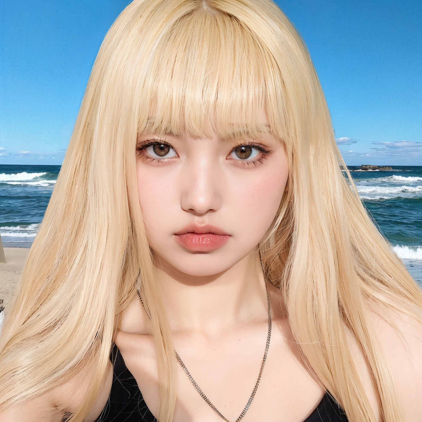 garota loira com cabelos longos e um colar na praia, Lalisa Manobal, Lalisa Manoban do Blackpink, Ulzzang, longos cabelos loiros e olhos grandes, shikami, longos cabelos brancos e franja, Retrato de Jossi do Blackpink, cabelo longo com franja cheia, retrato de Kim Petras, penteado com corte hime branco
