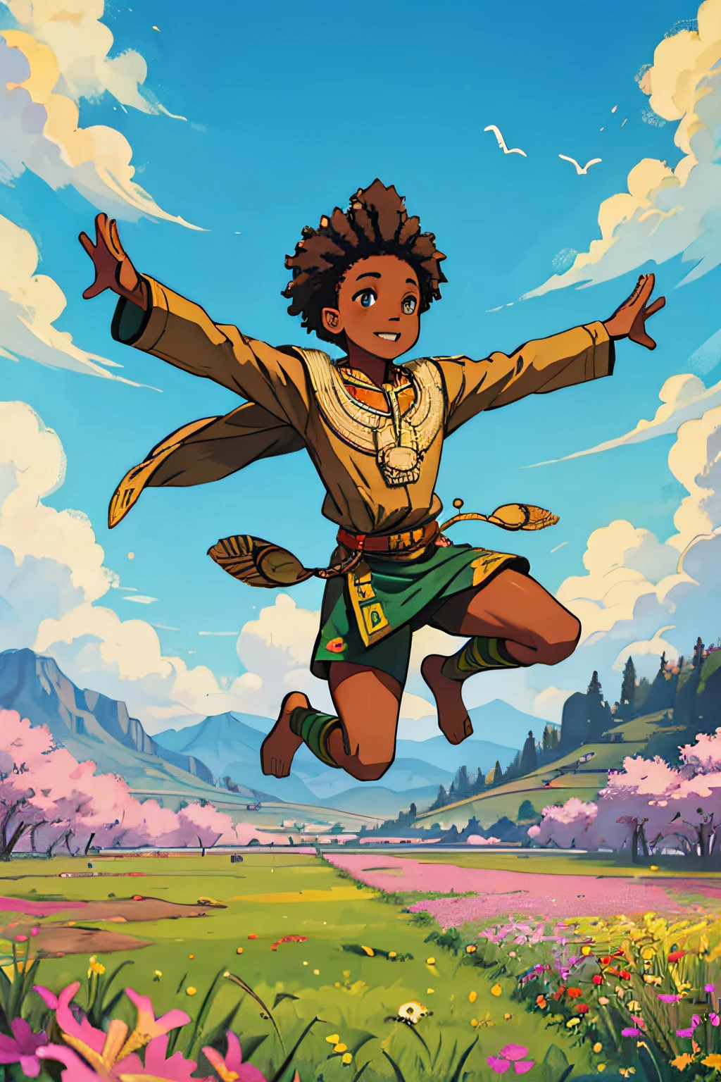 tRADITIONAL,zulu,bantu,NATIVE,ETHNIC AFRICAN BOY,FLYING,rising,floating,LEVITATING,FLOATING in the air,flight,outstretched arms,relaxed,bliss freedom,outdoor landcsacape,beautiful grass field and flowers,aesthetic,otdoor