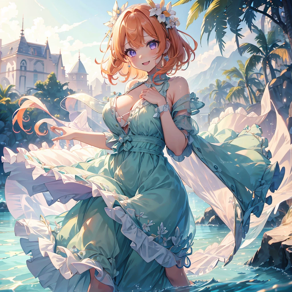 Hide hands, {{{one girl}}}, beautiful detailed girl, gamecg, Outer honeycar, outside spring, one curl, Short Bob Hair, pastel orange hair, Purple eyes, solo, soio, medium shoot, female pervert, takeout, a smile, huge tit, Pastel green dress, frilld, Opening Mouth, daytime village tropical, Amazing, beautiful detailed eyes, Best Quality, Eau, Super delicate,