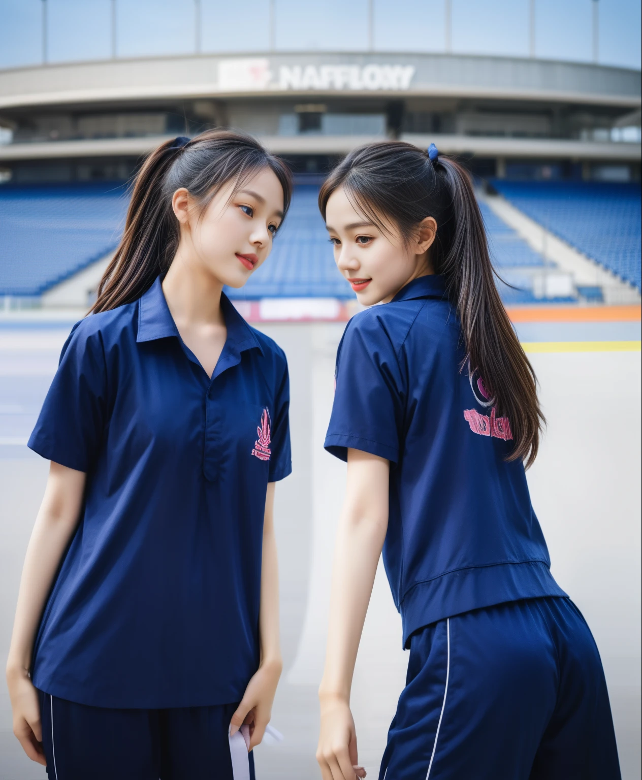 (bestquality,10,10,highres,masterpiece:1.2),ultra-detail,(Realistic,photorealistic portrait,photo-realistic:1.37),1 Cute girl in the football field,oily shiny skin,bara,light smile,BDclothelue shirt:1.3)),short sleeves,shirt, trousers.,(navy_long_Pants Track:1.1), ((Stadium Background:1.3)),dynamic angle,excited,face focus,Dynamic Poses,from behide,Ass Focus,masterpiece, bestquality, ultra realistic, hyper-detail, 8k resolution, RAW photo, crisp focus, ((Navy blue shirt:1.1)), short sleeves, Long Path, Perfect body, 2 mature women, 18yo, cinematic light,Blue sweatpants,Gymware,Correct anatomy,Complete body, Correct body, sharp face, Anatomically correct body, full entire body, Realistic gestures, long-haired, Realistic poses,Wear long shorts...................................,Long leg span,Shapely,Sculpting Girl, Slender Figure, mannequin mannequins, Shapely, Beautiful body,Blue sweatpants, Two girls kissing