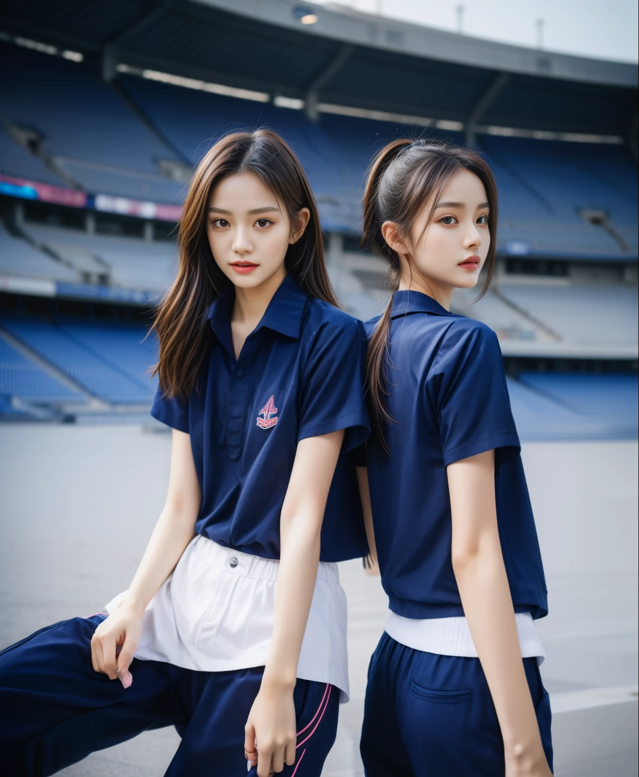 (bestquality,10,10,highres,masterpiece:1.2),ultra-detail,(Realistic,photorealistic portrait,photo-realistic:1.37),1 Cute girl in the football field,oily shiny skin,bara,light smile,BDclothelue shirt:1.3)),short sleeves,shirt, trousers.,(navy_long_Pants Track:1.1), ((Stadium Background:1.3)),dynamic angle,excited,face focus,Dynamic Poses,from behide,Ass Focus,masterpiece, bestquality, ultra realistic, hyper-detail, 8k resolution, RAW photo, crisp focus, ((Navy blue shirt:1.1)), short sleeves, Long Path, Perfect body, 2 mature women, 18yo, cinematic light,Blue sweatpants,Gymware,Correct anatomy,Complete body, Correct body, sharp face, Anatomically correct body, full entire body, Realistic gestures, long-haired, Realistic poses,Wear long shorts...................................,Long leg span,Shapely,Sculpting Girl, Slender Figure, mannequin mannequins, Shapely, Beautiful body,Blue sweatpants, Two girls kissing