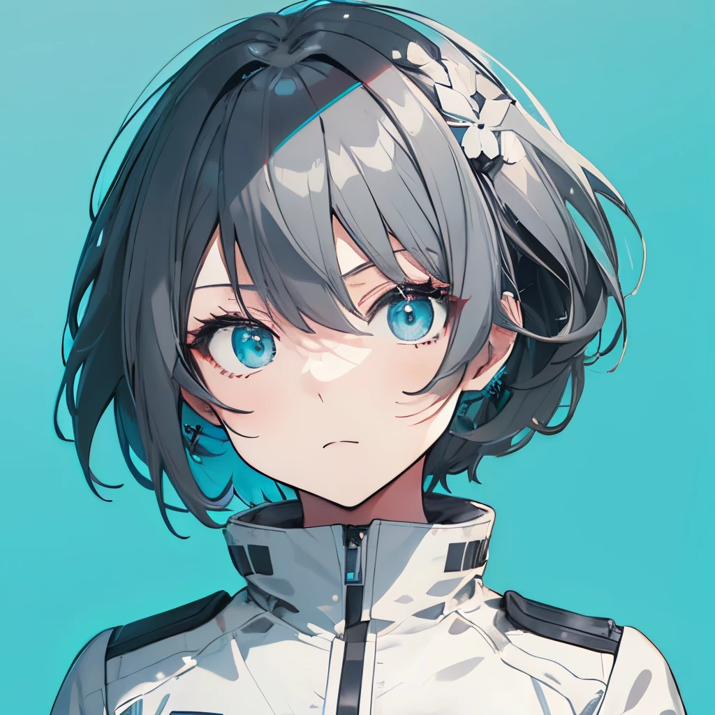 (masutepiece:1.2, Best Quality),  [girl, Manteau, expressioness, Turquoise eyes, front facing, jet-black hair,half short cut hair, Jacket comes off, Upper body] (Gray white background:1.7),