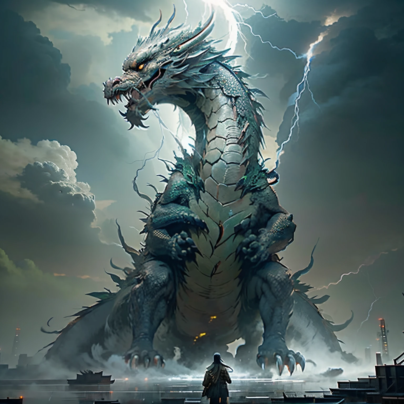 big asian dragon, lightning in background, behind empire