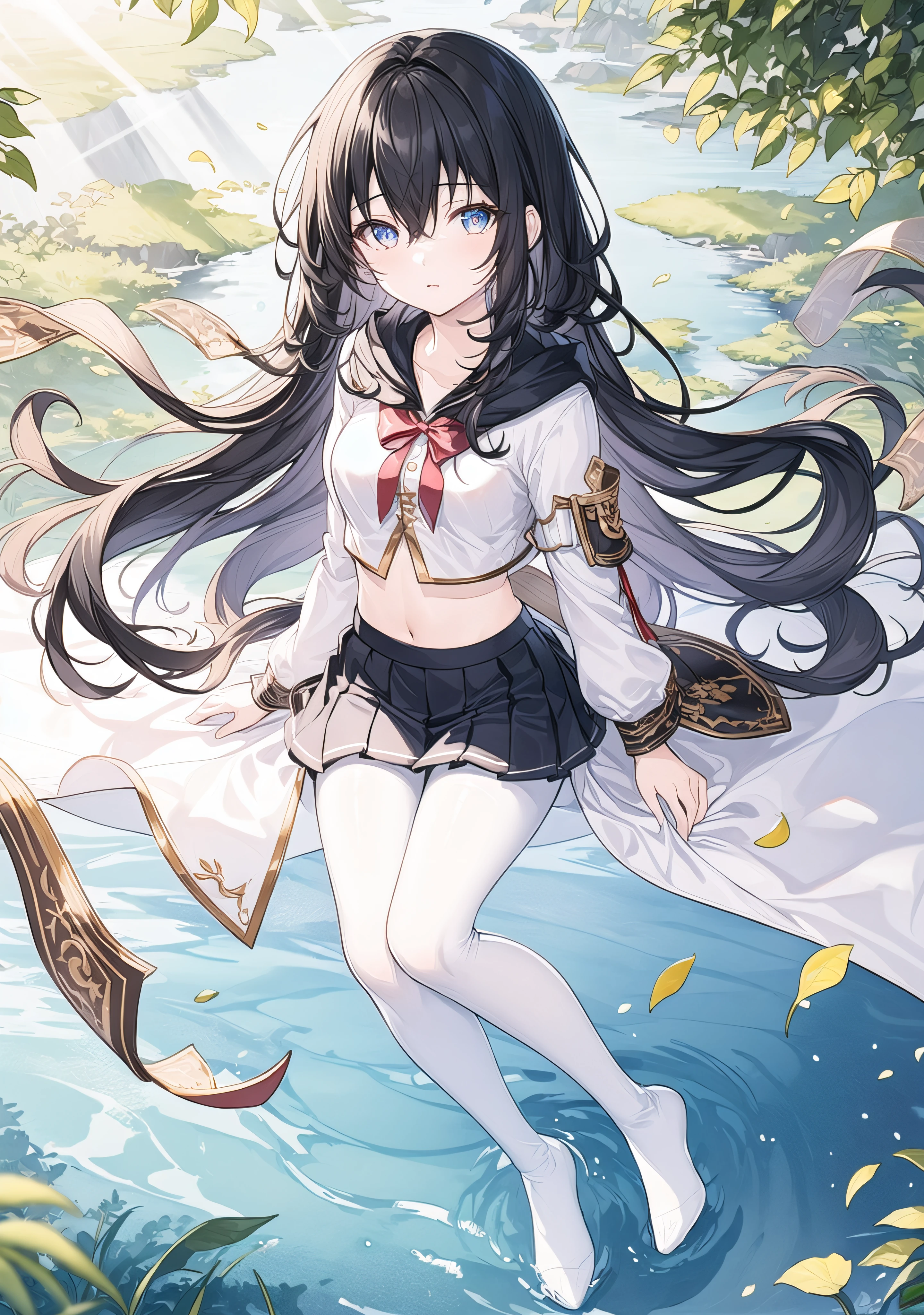 (tmasterpiece:1.2,best qualtiy),realisticlying,(Real pictures,Complicated details,depth of fields)Wear black stockings,Wear a short white skirt,With a smile,Ruddy face,The skin is whiter,teens girl,Bare chest,stands aside the river,Place your hands behind your back