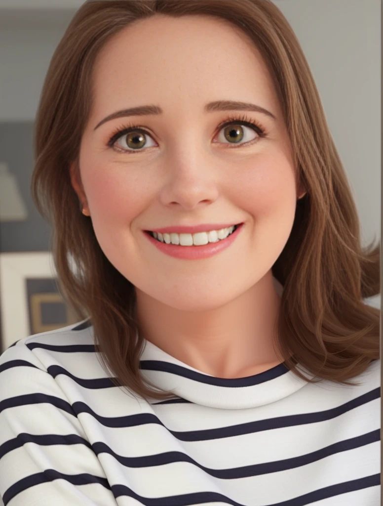 55-year-old lady, light brown hair, light brown eyes, smiling and wearing a white blouse with dark blue stripes, few wrinkles on the side of the eyes and small wrinkles on the side of the mouth on both sides, large white and beautiful front teeth