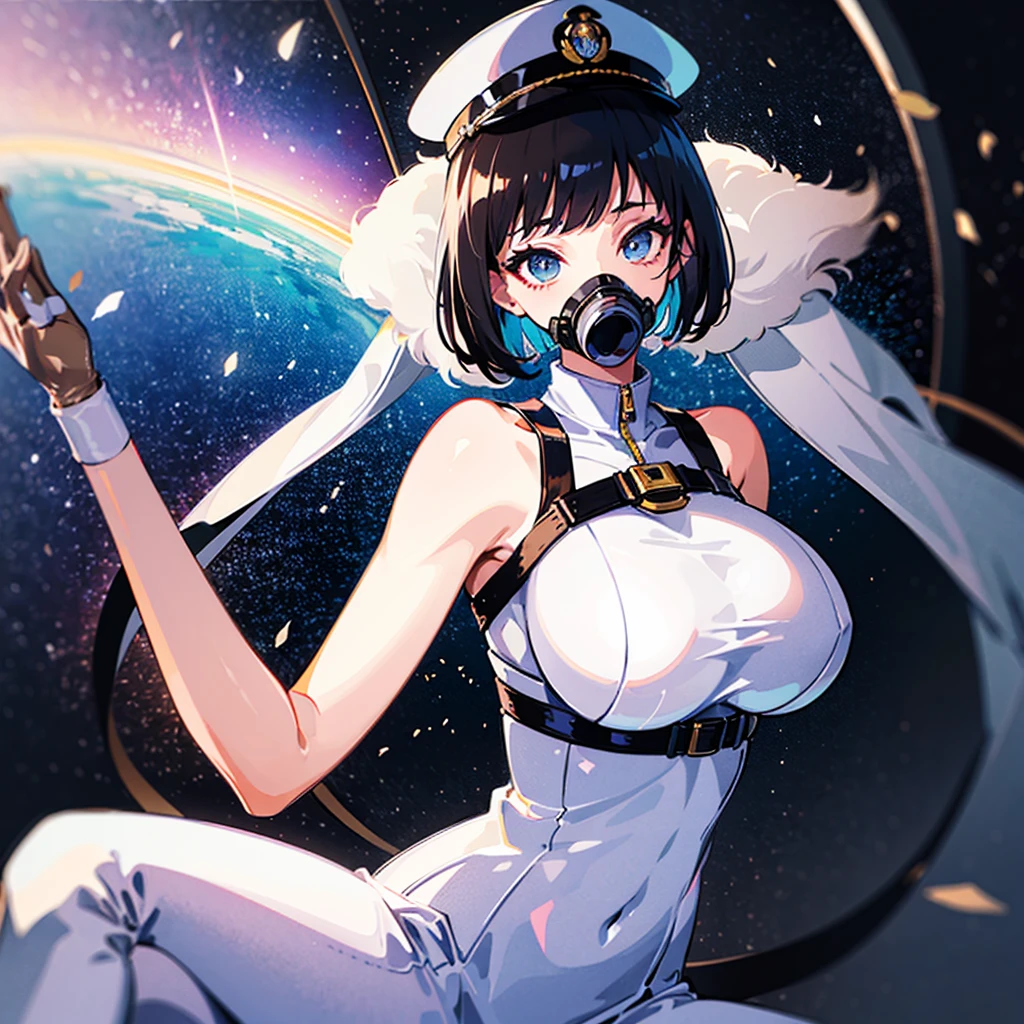 (((masterpiece)))、(((Top image quality)))、(((top-quality)))、(Illustration of one woman)、full bodyesbian、30-years old、(Viceroy)、Black hair bob cut、((Face covering gas mask))、Gray eyes、((Tall))、((huge tit))、((Military uniforms))、((Military Cap))、((Military coat))、(white clothes)、(White pants)、(White cap)、trench coat、((Inside the spaceship、Sitting in the captain's seat))、(Outside the window、kosmos、Earth seen from space、Spaceport)