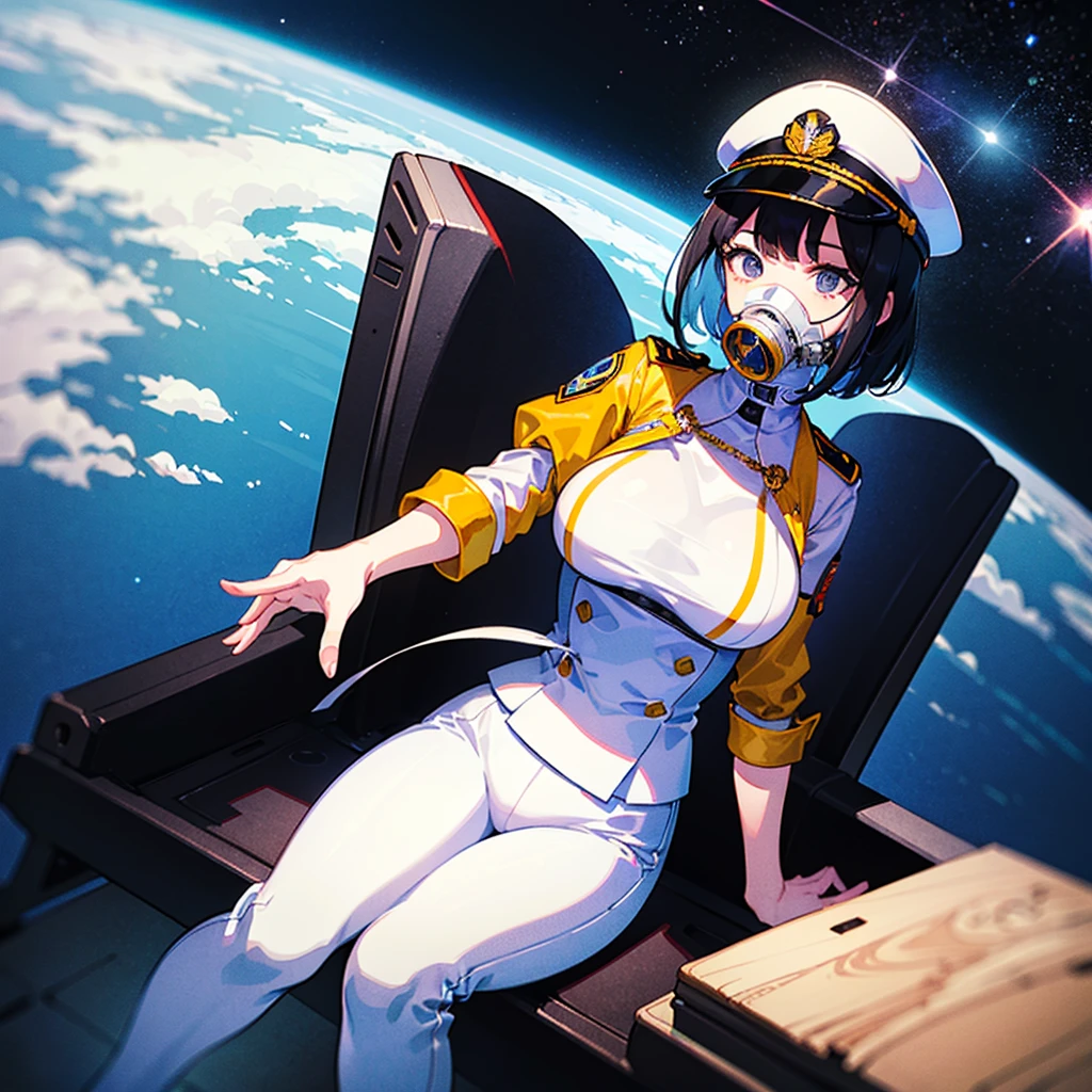（（（​masterpiece）））、（（（Top image quality）））、（（（top-quality）））、（Illustration of one woman）、full bodyesbian、30-years old、（Viceroy）、Black hair bob cut、（（Face covering gas mask））、Gray eyes、（（Tall））、（（huge tit））、（（Military uniforms））、（（Military Cap））、（（Military coat））、（white  clothes）、（White pants）、（White cap）、trench coat、（（Inside the spaceship、Sitting in the captain's seat））、（Outside the window、kosmos、Earth seen from space、Spaceport）